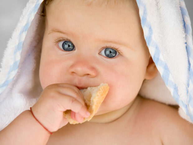 Bambino in età di svezzamento assaggia un pezzo di pane