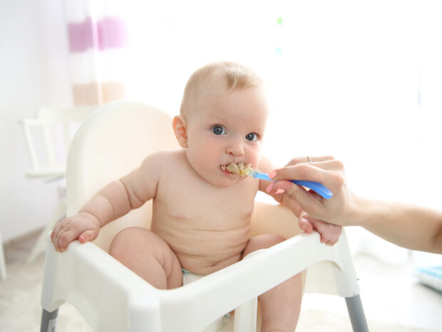 Bambino nel seggiolone mangia la pappa nel cucchiaino