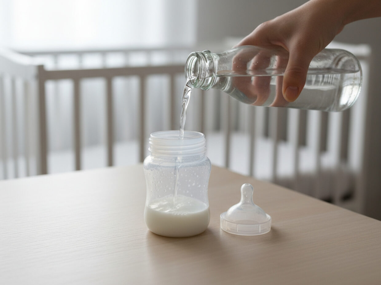 Biberon di latte per il neonato che viene diluito con acqua